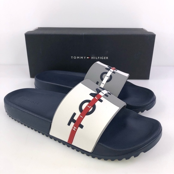 Tommy Hilfiger Men's Rafael Color Block Pool Slides in White/Gray Shoes - Picture 1 of 8
